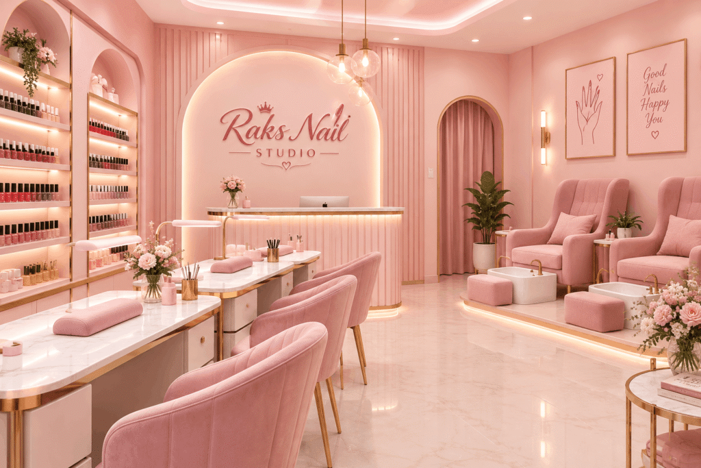Elegant pastel pink nail salon interior at Raks Nail Studio in Chennai, featuring luxurious manicure stations, comfortable pink chairs, nail polish displays and a relaxing pedicure area.