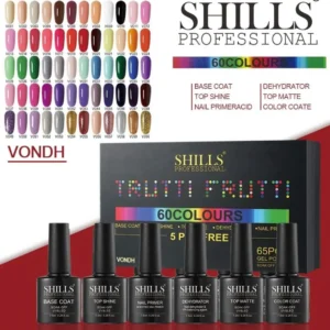 SHILLS Professional gel nail polish set with 60 colours, base coat, top shine, top matte, nail primer, and dehydrator.