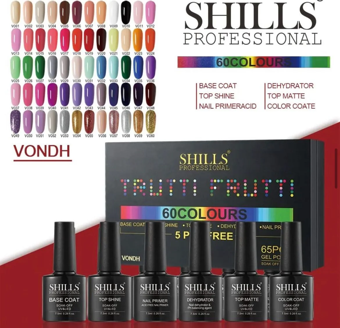 SHILLS Professional 60 Colours Gel Nail Polish Set SHILLS Professional gel nail polish set with 60 colours, base coat, top shine, top matte, nail primer, and dehydrator.